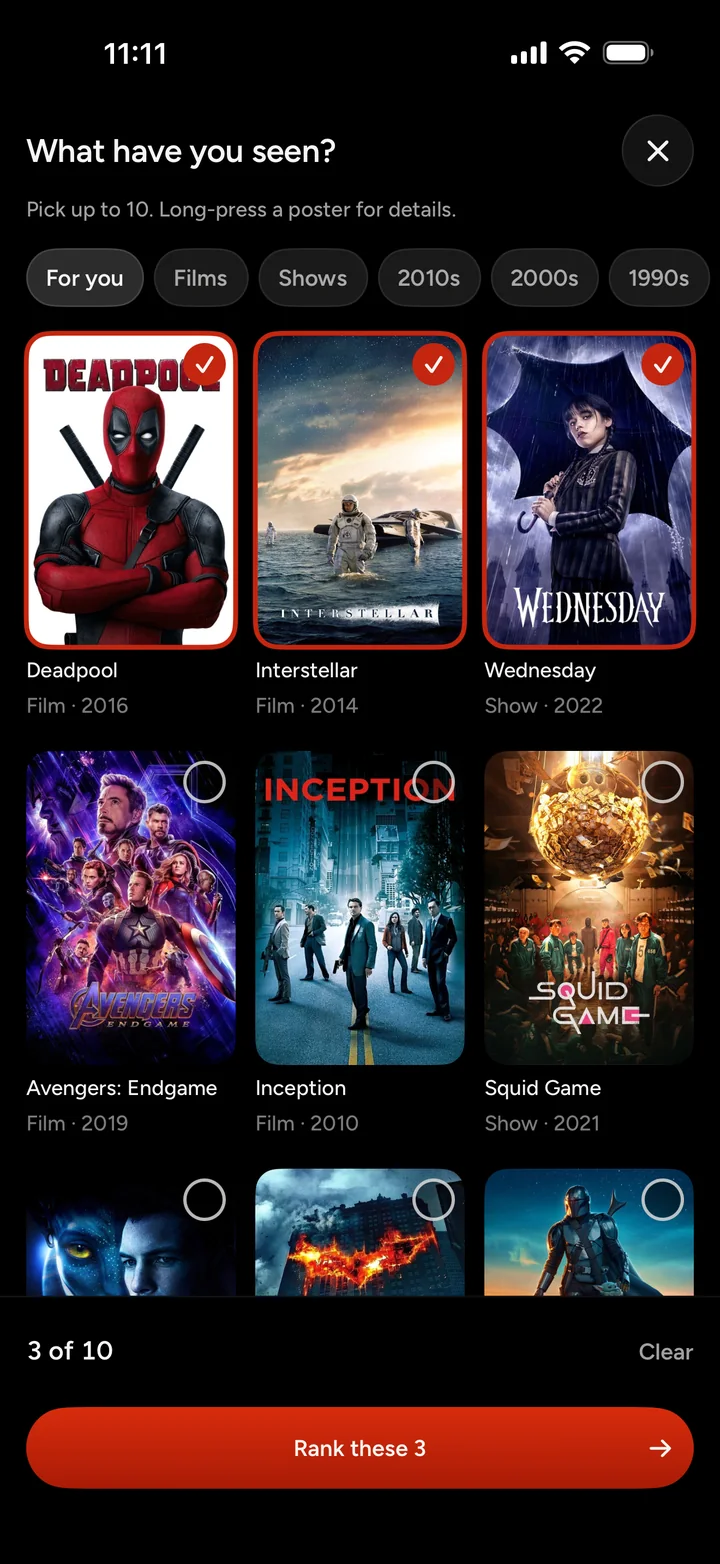 Rapid Ranked selection grid with films and shows ticked for a short ranking session.